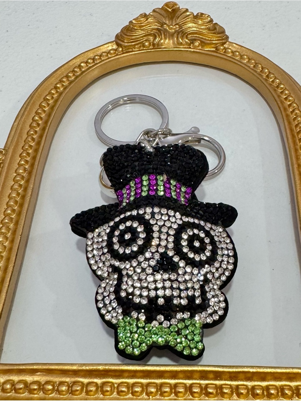 New Crystal Skull Keychain Bag Charm in Black with Green & Purple Accents